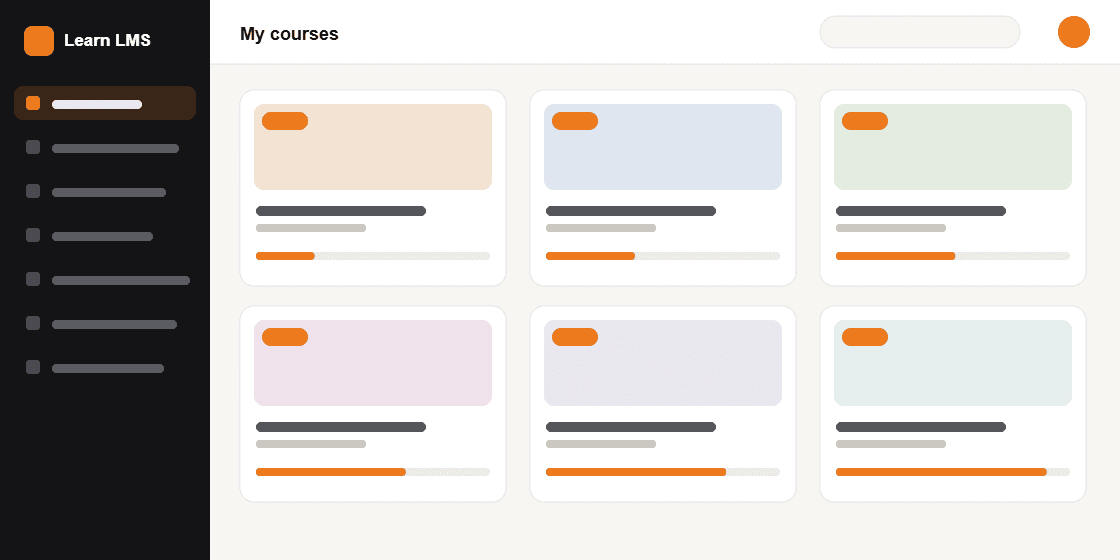 LMS interface — course grid with progress tracking